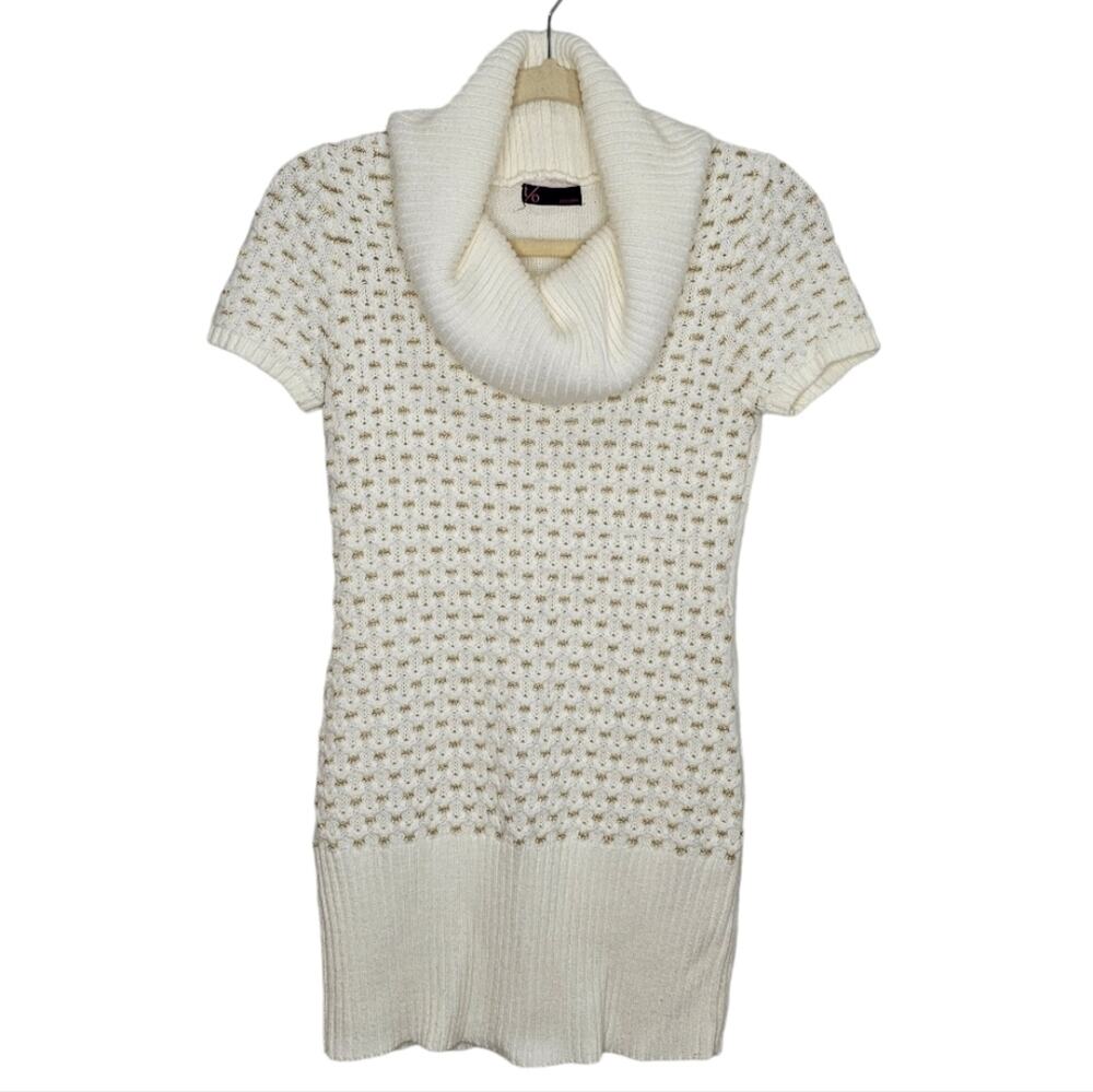 t/o Sweaters Turtleneck Short Sleeve Sweater White Accented with Gold Thread SML